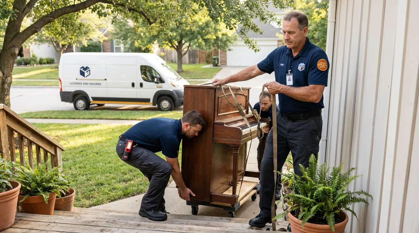 Licensed piano movers securing grand piano in Virginia, MN