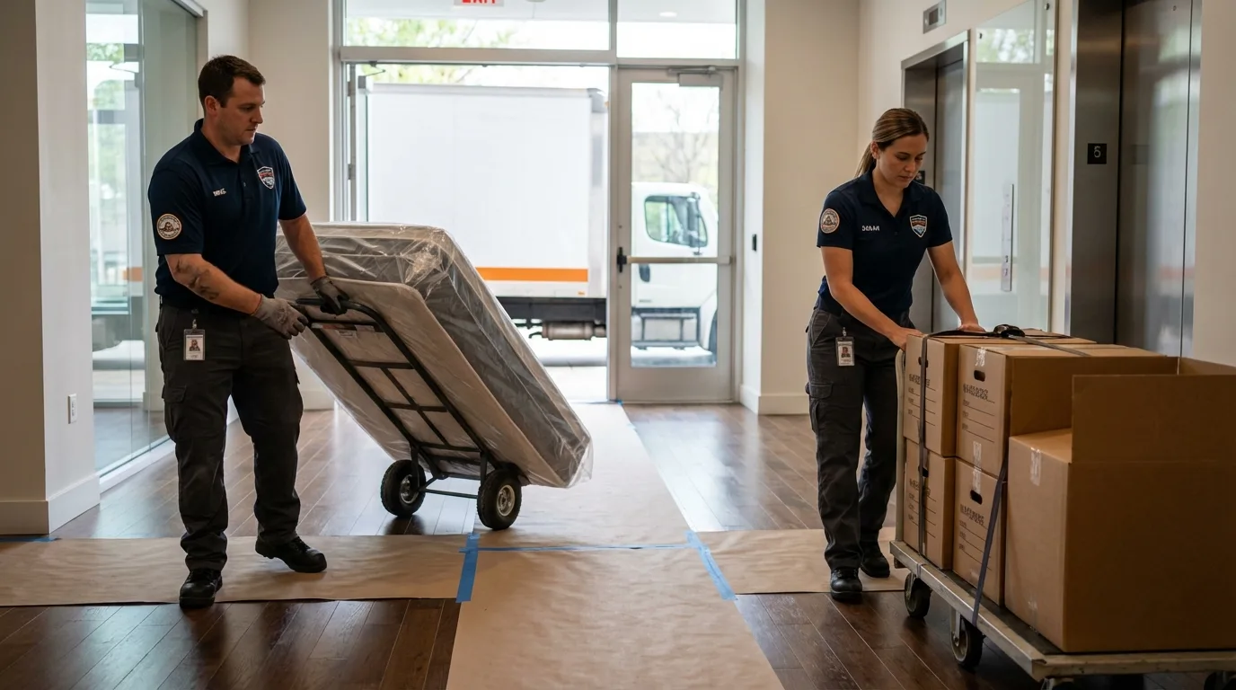 Professional apartment movers loading elevator in Virginia, MN